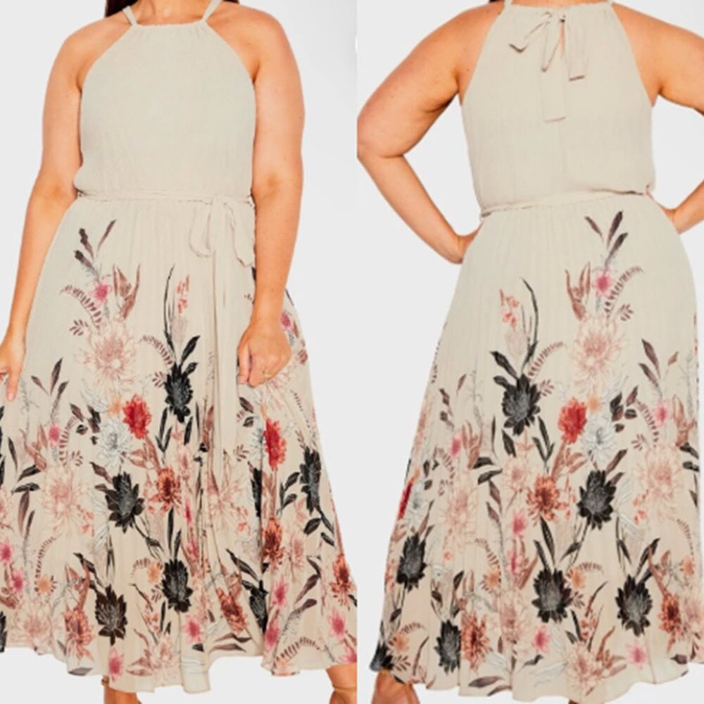City Chic Rebecca Pleated Floral Belted Maxi Halter Dress XXL NWT